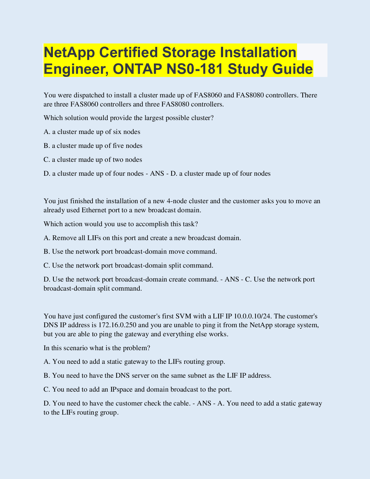 Preview image of NetApp Certified Storage Installation Engineer, ONTAP NS0-181 Study Guide | with 100% Correct Answers | Updated & Verified document